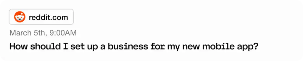 Reddit post dated March 5th, 9:00 AM, with the question: How should I set up a business for my new mobile app?.