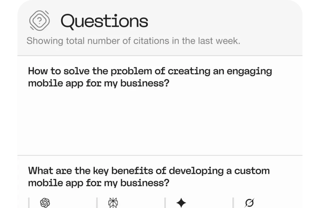 A digital interface displays two questions: How to solve the problem of creating an engaging mobile app for my business? and What are the key benefits of developing a custom mobile app for my business?.