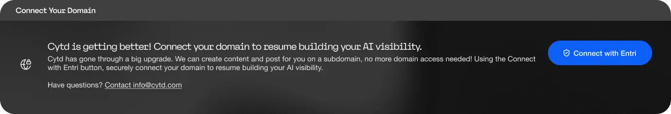 A website banner with text prompting users to connect their domain to resume building AI visibility, mentioning upgrades and a blue Connect with Entri button on the right. Contact email info@cypt.com is shown below.